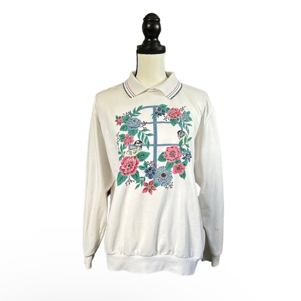 VTG Alfred Dunner Floral Wreath & Bird Collared Sweatshirt Grandmacore Retro L